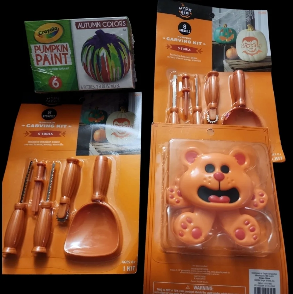 2 Pumpkin Carving Kits, 1 Push In Kit,  and A 6pc Crayola Pumpkin Paint Set